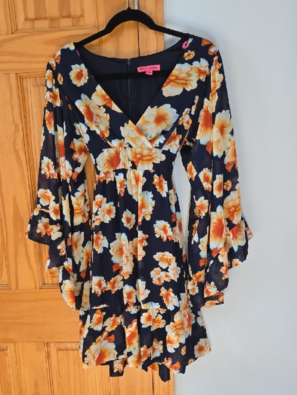 Beautiful Betsey Johnson Navy Floral Long-Sleeve Belted Ruffle Dress